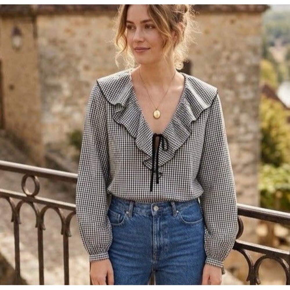ZARA Black & White Gingham Ruffle Collar Blouse | Tie Front Balloon Sleeve Top L